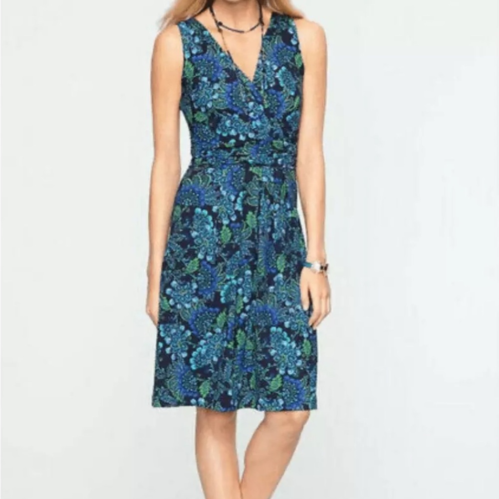 Talbots Dress Womens Blue Green Floral Peacock Feather Ruched V Neck Size 8
